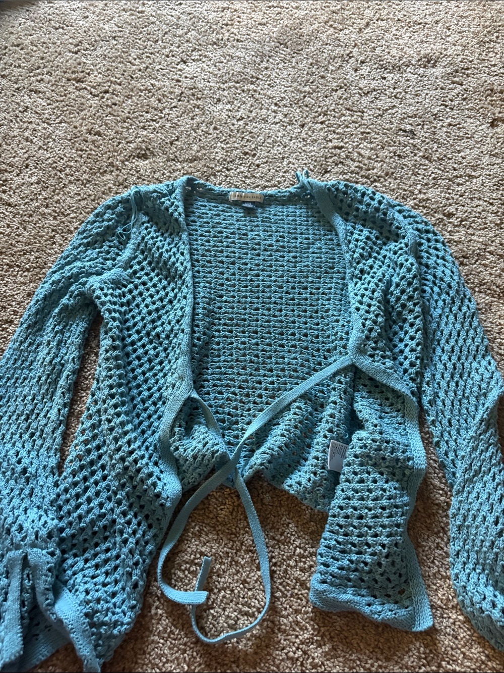 American Eagle Outfitters Teal Open-Knit Tie-Front Cardigan